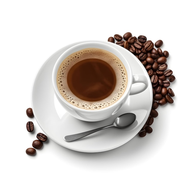 Una tazza di caffè e un piattino con sopra dei chicchi di caffè.