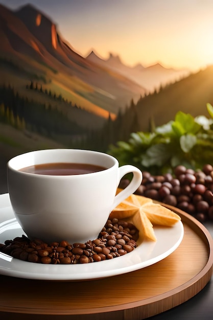 Una tazza di caffè e un piatto di caffè con una montagna sullo sfondo