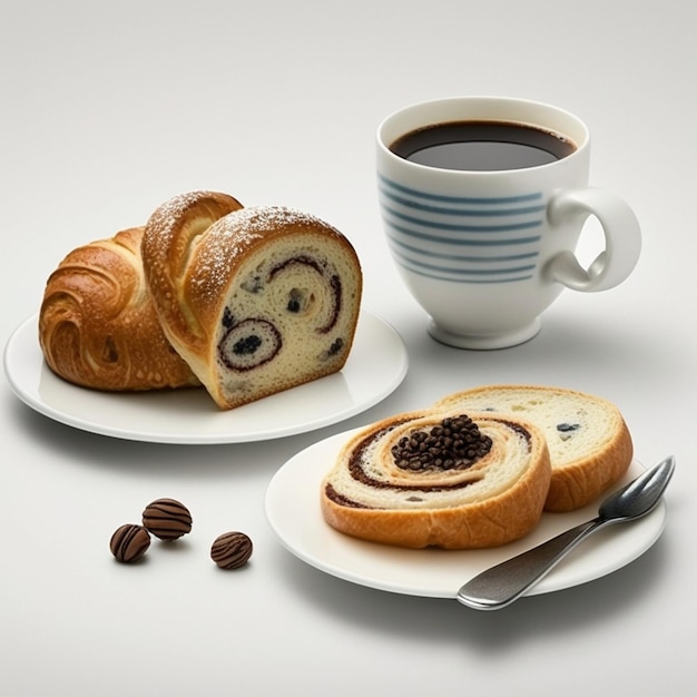 Una tazza di caffè e un rotolo di torta su un piatto