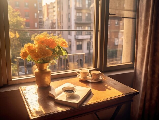 Una tazza di caffè e un vaso di fiori su un tavolo di legno accanto alla finestra La luce del sole che passa attraverso la finestra