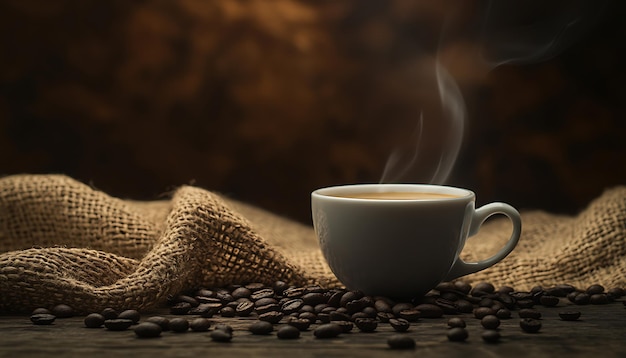 una tazza di caffè e una borsa di chicchi di caffè