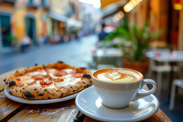 Una tazza di caffè e una fetta di pizza in un caffè all'aperto in una strada della città vecchia