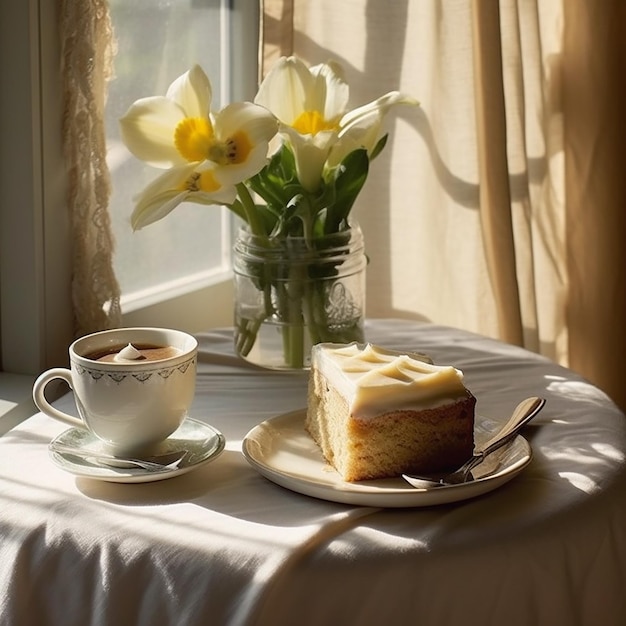 Una tazza di caffè e una fetta di torta su un tavolo.