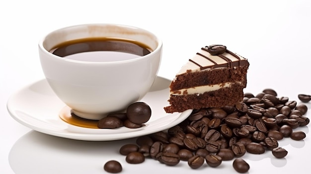 Una tazza di caffè e una torta con glassa al cioccolato e una tazza di caffè.