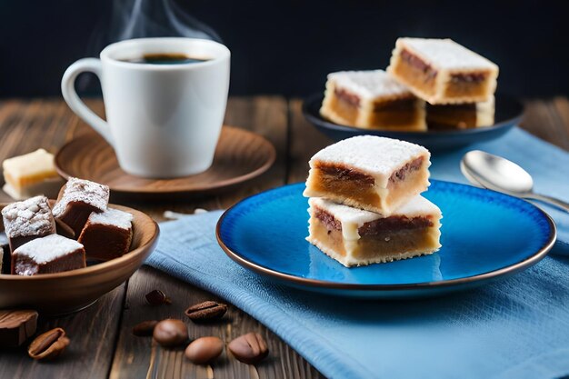 Una tazza di caffè e una torta su un tavolo