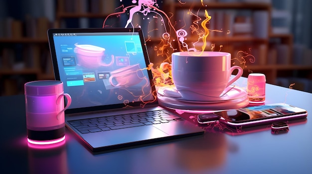 Una tazza di caffè elegante e moderna circondata da dispositivi digitali