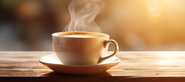 Una tazza di caffè fresco al vapore sul tavolo con uno sfondo sfocato e una foto mattutina luminosa