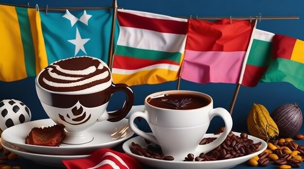 Una tazza di caffè fumante da bandiere di tutto il mondo che celebrano la Giornata internazionale del caffè