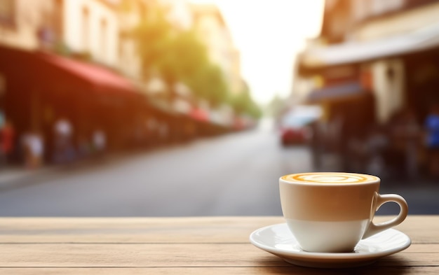 Una tazza di caffè fumosa con un latte a forma di cuore si trova su un tavolo di legno