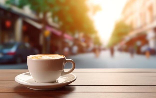 Una tazza di caffè fumosa con un latte a forma di cuore si trova su un tavolo di legno