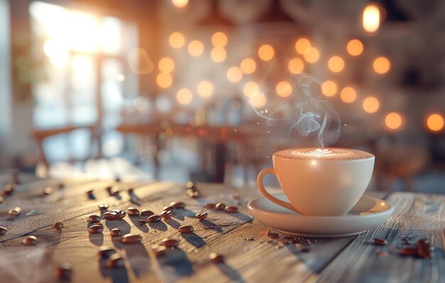 Una tazza di caffè fumosa si trova in mezzo a fagioli sparsi con luci calde sullo sfondo sfocato che creano un'atmosfera accogliente