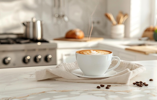 Una tazza di caffè fumosa si trova su un bancone della cucina illuminato dal sole con fagioli sparsi e una ciotola sullo sfondo che evoca un'atmosfera mattutina accogliente