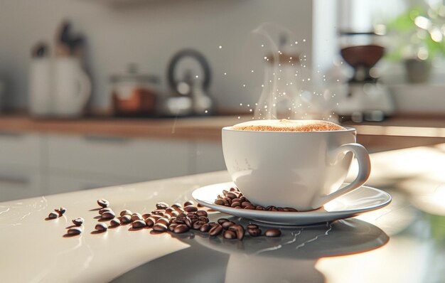 Una tazza di caffè fumosa si trova su un bancone di marmo bianco circondato da fagioli arrostiti in un ambiente di cucina moderno con illuminazione morbida