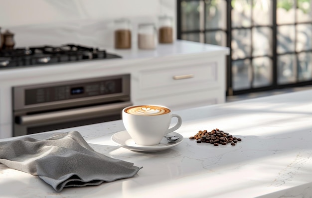 Una tazza di caffè fumosa si trova su un bancone di marmo bianco circondato da fagioli arrostiti in un ambiente di cucina moderno con illuminazione morbida