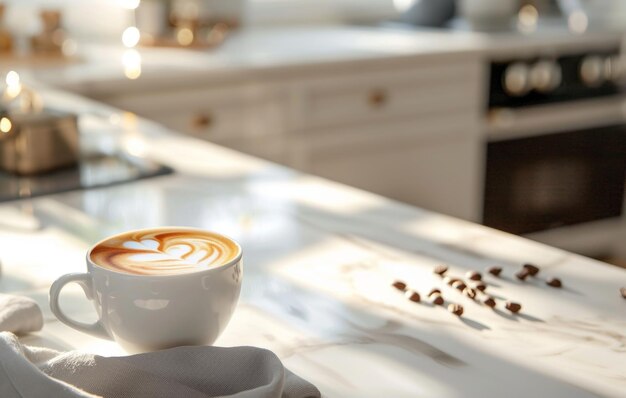 Una tazza di caffè fumosa si trova su un bancone di marmo bianco circondato da fagioli arrostiti in un ambiente di cucina moderno con illuminazione morbida