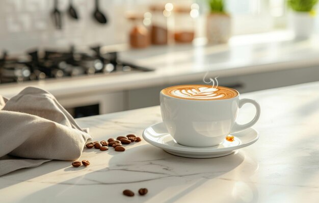 Una tazza di caffè fumosa si trova su un bancone di marmo bianco circondato da fagioli arrostiti in un ambiente di cucina moderno con illuminazione morbida