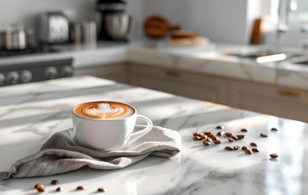 Una tazza di caffè fumosa si trova su un bancone di marmo bianco circondato da fagioli arrostiti in un ambiente di cucina moderno con illuminazione morbida