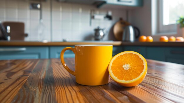 Una tazza di caffè gialla con una fetta di arancione sopra