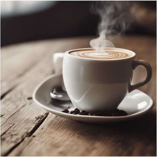 Una tazza di caffè in close-up su un tavolo di legno con il vapore che si alza