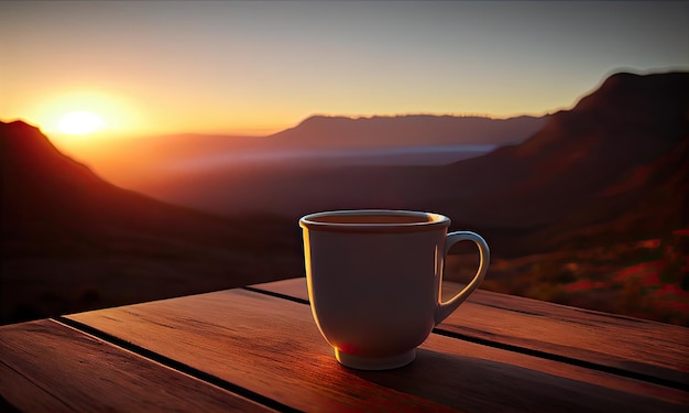 Una tazza di caffè in porcellana bianca su un tavolo di legno sullo sfondo dell'alba e delle montagne generative AI