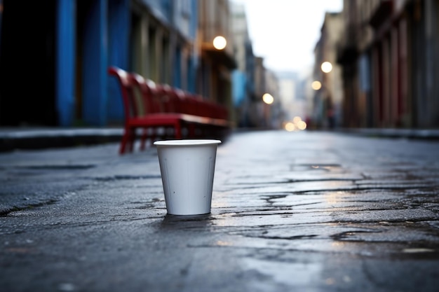 Una tazza di caffè intatta in attesa su un tavolo in una strada deserta