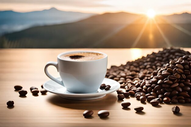 Una tazza di caffè latte a forma di cuore e chicchi di caffè su un vecchio sfondo di legno generato dall'AI