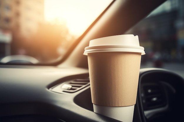 Una tazza di caffè nel cruscotto di un'auto
