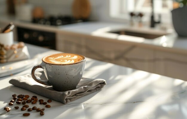Una tazza di caffè nera con un cuore d'arte latte dettagliato si trova su un bancone in marmo con una cucina moderna sfocata sullo sfondo creando un'atmosfera accogliente