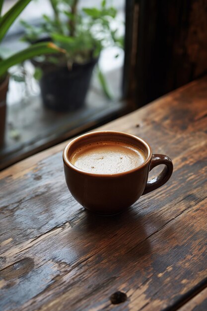 Una tazza di caffè nero aromatico su un tavolo di legno in un ristorante