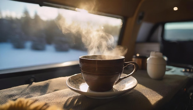 Una tazza di caffè o di tè al vapore sul tavolo di un furgone da campeggio