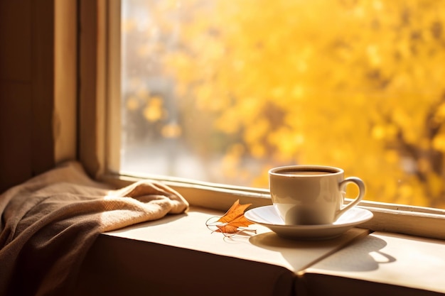 una tazza di caffè profumato con un libro aperto su un davanzale di legno