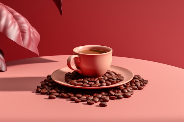 Una tazza di caffè rosa si trova su un tavolo rosa con sopra dei chicchi di caffè.