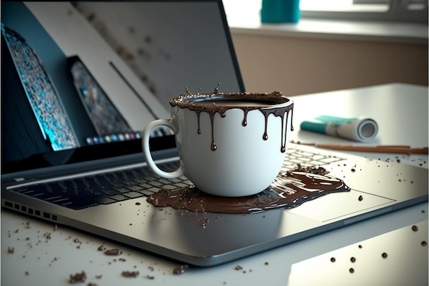 Una tazza di caffè rovesciata su un computer portatile in un ufficio