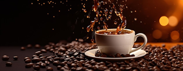Una tazza di caffè schizzata su uno sfondo nero scuro3