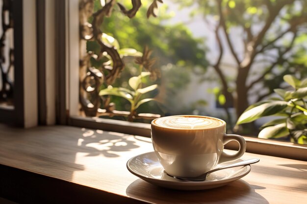 Una tazza di caffè seduta su un davanzale accanto a una pianta in vaso nella calda luce del sole del pomeriggio di domenica La scena è pacifica e invitante perfetta per un pomeriggio rilassante