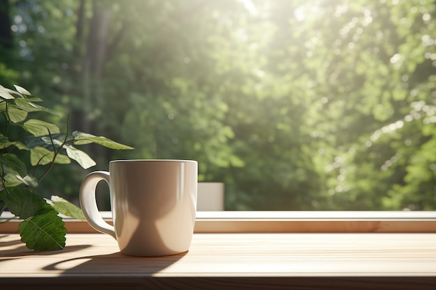 Una tazza di caffè seduta su un davanzale accanto a una pianta in vaso nella calda luce del sole del pomeriggio di domenica La scena è pacifica e invitante perfetta per un pomeriggio rilassante