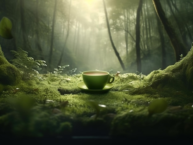 Una tazza di caffè si siede su un piattino verde in una foresta