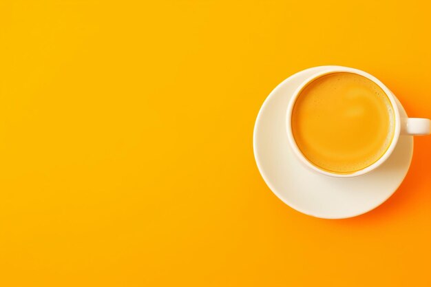 una tazza di caffè si siede su un piatto con uno sfondo giallo