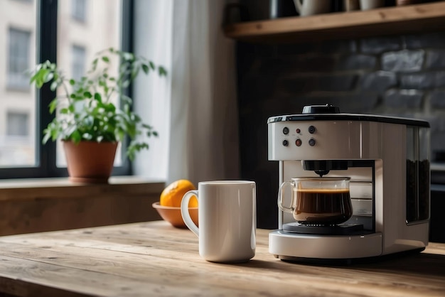 una tazza di caffè si siede su un tavolo accanto a una tazzina di caffè