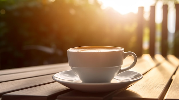 Una tazza di caffè si siede su un tavolo davanti a un tramonto.
