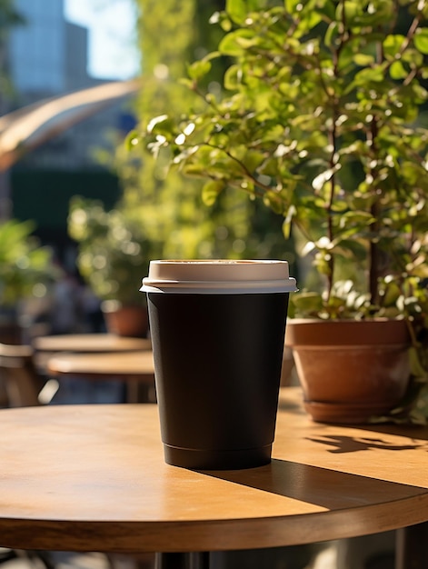 una tazza di caffè si siede su un tavolo di fronte a una pianta in vaso