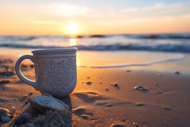 Una tazza di caffè si siede sulla spiaggia con una conchiglia sullo sfondo.