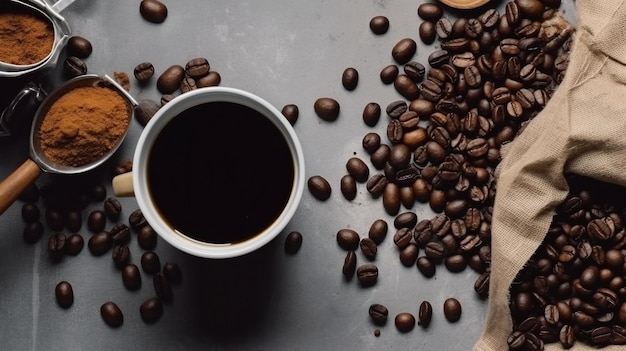 Una tazza di caffè si trova accanto a un mucchio di chicchi di caffè.