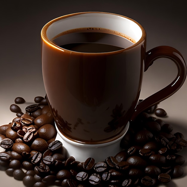 Una tazza di caffè si trova su un mucchio di chicchi di caffè e ha la parola caffè sopra
