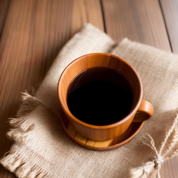 Una tazza di caffè si trova su un panno con sopra un panno.