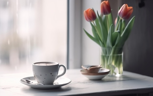 Una tazza di caffè si trova su un tavolo accanto a un vaso di tulipani.