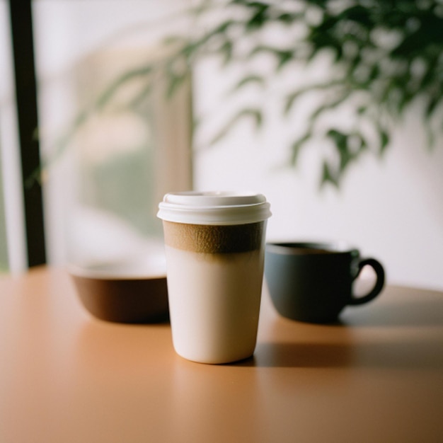 Una tazza di caffè si trova su un tavolo accanto a una tazza di caffè.