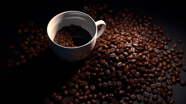 Una tazza di caffè si trova su un tavolo circondato da chicchi di caffè.