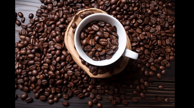 Una tazza di caffè si trova su un tavolo con sopra un mucchio di chicchi di caffè.