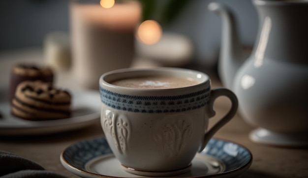 Una tazza di caffè si trova su un tavolo con una teiera e una teiera sullo sfondo.